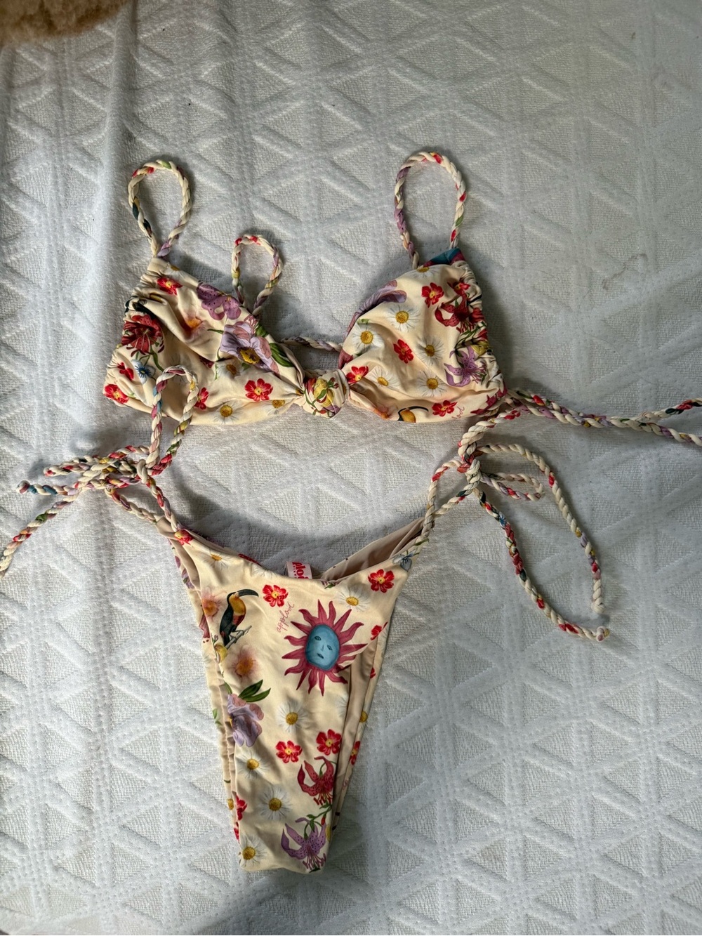 Cream Floral Tie-Back Bikini Set with Sun Motif